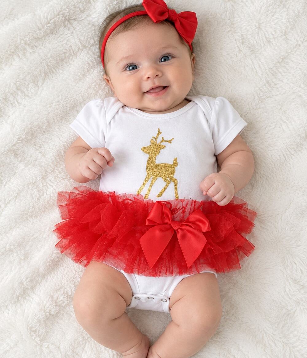 Baby Girl Christmas Reindeer Onesie Red Tutu Bow Gold Glitter Infant Outfit